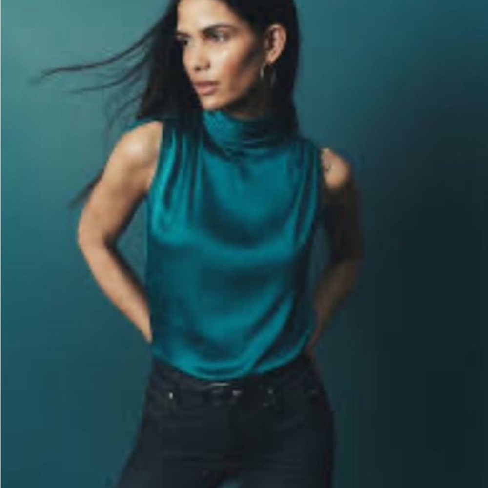 White House Black Market Teal Satin Sleeveless Blouse
